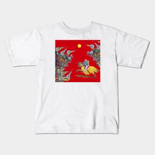 WEIRD MEDIEVAL BESTIARY WAR, KNIGHT HORSEBACK COMBATTING GIANT SNAILS IN ROYAL RED Kids T-Shirt